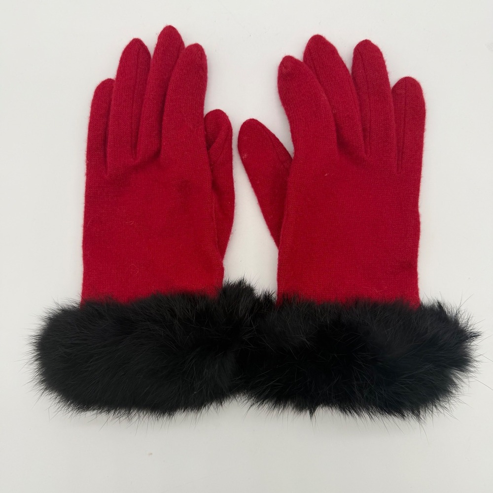 Vintage Objectives Red Lambswool Knit Gloves Black Rabbit Fur Trim WPL 11403